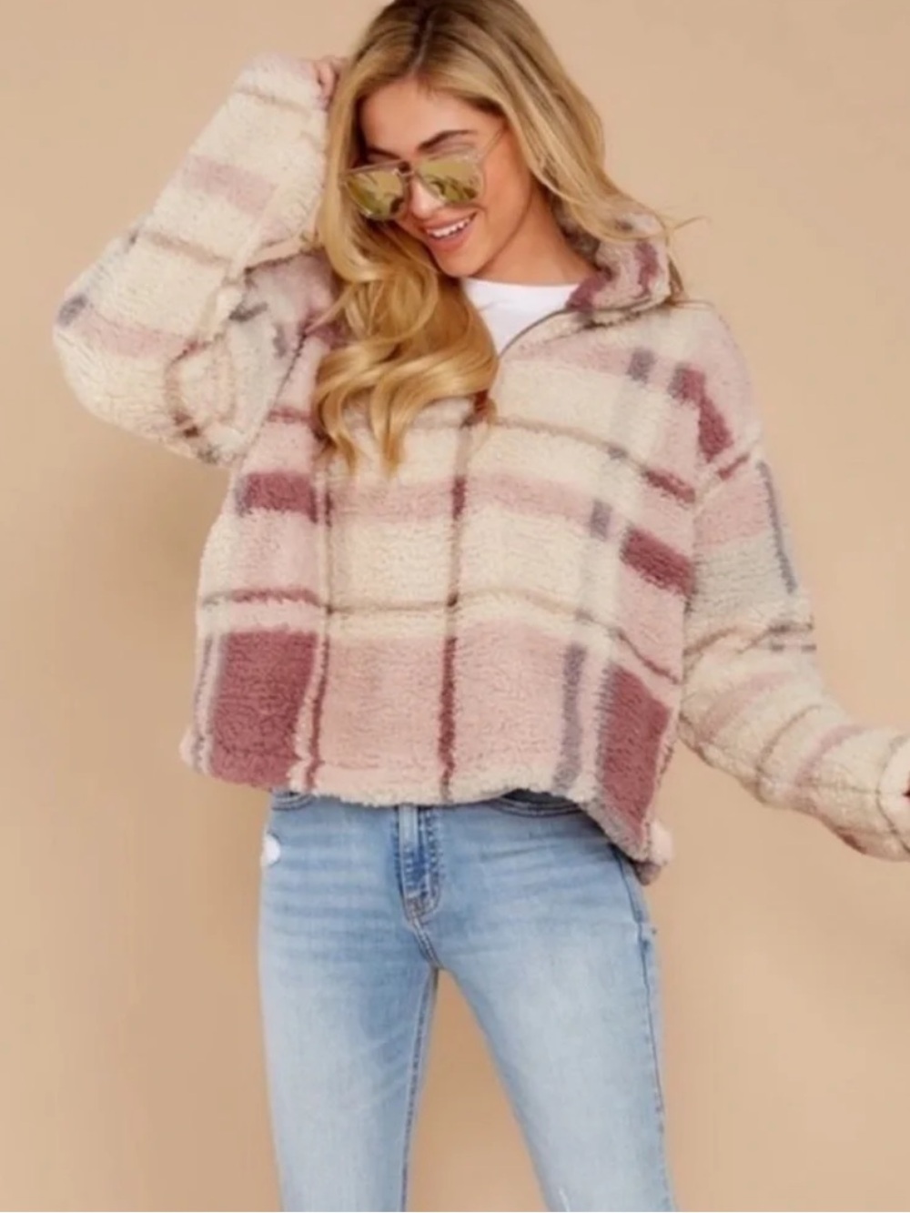 Thread & Supply Plaid Sherpa Zip Jacket - Cream & Mauve